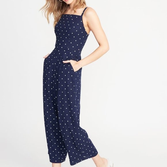navy white polka dot jumpsuit